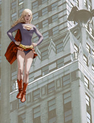 Rule 34 | 1girl, alien, blonde hair, boots, building, cape, city, dc comics, flying, hand on own hip, kryptonian, leotard, red cape, red footwear, red skirt, s shield, shoes, skirt, solo, supergirl, superman (series)