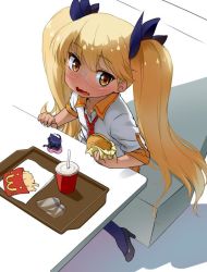 Rule 34 | 10s, 1girl, blonde hair, blush, brown eyes, burger, drink, fast food, food, french fries, from above, glasses, hair ornament, high heels, long hair, mcdonald&#039;s, necktie, open mouth, restaurant, retoree (show by rock!!), show by rock!!, sitting, solo, tray, twintails, wavy mouth, zanzi