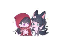 Rule 34 | 2girls, :&lt;, afterimage, animal costume, animal ears, animal hands, bandaid, bandaid on head, bang dream!, bang dream! it&#039;s mygo!!!!!, basket, big bad wolf, big bad wolf (cosplay), black hair, cape, chibi, closed mouth, commentary, cosplay, dress, full body, gloves, green eyes, grey dress, hashtag only commentary, highres, hood, hood up, little red riding hood, little red riding hood (grimm), little red riding hood (grimm) (cosplay), long hair, m omoo, mole, mole under eye, multiple girls, paw gloves, purple eyes, red cape, shiina taki, simple background, tail, tail wagging, very long hair, white background, wolf costume, wolf ears, wolf girl, wolf tail, yahata umiri