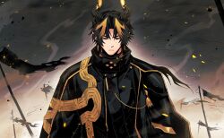 Rule 34 | 1boy, arknights, armor, black coat, black hair, blonde hair, chong yue (arknights), closed mouth, coat, commentary request, dragon boy, dragon horns, earrings, embers, flag, floating hair, high collar, highres, horns, jewelry, korean commentary, long hair, long sleeves, low ponytail, male focus, nills, pauldrons, pointy ears, red eyes, rerebrace, shoulder armor, single sleeve, solo, upper body