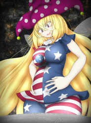 Rule 34 | 1girl, absurdly long hair, absurdres, american flag dress, american flag legwear, bad id, bad nicoseiga id, belly, blonde hair, breasts, clownpiece, dress, earth (planet), fairy wings, giant, giantess, hat, highres, huge giantess, jester cap, large breasts, long hair, microdress, moon, neva, aged up, pantyhose, pink eyes, planet, short sleeves, solo, space, touhou, very long hair, wings