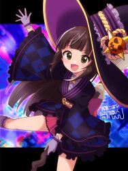 Rule 34 | 1girl, alternate hairstyle, arm up, black hat, blunt bangs, blush, bow, breasts, broom, broom riding, brown hair, dated, dot nose, dress bow, frilled jacket, frilled shirt, frills, gloves, green eyes, halloween, hamaguchi ayame, hat, highres, holding, holding broom, idolmaster, idolmaster cinderella girls, idolmaster cinderella girls starlight stage, jacket, letterboxed, long hair, long sleeves, looking at viewer, medium breasts, multicolored background, multicolored clothes, multicolored jacket, ocha koboshi shokunin, open hand, open mouth, pink bow, pink skirt, pleated skirt, pumpkin, purple gloves, purple socks, shirt, sidelocks, signature, skirt, smile, socks, solo, two-tone jacket, white shirt, wide sleeves, witch, witch hat