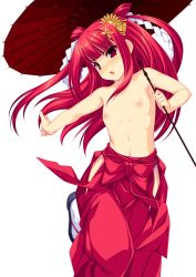Rule 34 | 1girl, armpits, beatmania, beatmania iidx, blush, breasts, fingernails, hair ornament, hakama, hakama skirt, highres, holding, japanese clothes, kinoshita ichi, long hair, looking at viewer, nipples, open mouth, outstretched arm, red eyes, red hair, sandals, shiny skin, simple background, skirt, small breasts, solo, standing, standing on one leg, topless, two side up, umbrella, umegiri ameto, white background