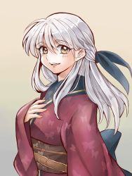 Rule 34 | 1girl, :d, animal print, butterfly print, fire emblem, fire emblem: radiant dawn, fire emblem heroes, gau fe, gradient background, grey hair, half updo, hand on own chest, japanese clothes, kimono, long hair, long sleeves, looking at viewer, micaiah (fire emblem), nintendo, obi, official alternate costume, open mouth, sash, simple background, smile, solo, upper body, yellow eyes, yukata
