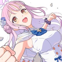Rule 34 | 1girl, aida takanobu, angel wings, armpits, blue archive, blue bow, bow, capelet, clenched hands, crescent, dress, flower, hair flower, hair ornament, halo, highres, long hair, mika (blue archive), open mouth, pink hair, scrunchie, simple background, solo, teeth, upper body, upper teeth only, white background, white dress, wings, wrist scrunchie, yellow eyes