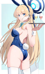 Rule 34 | 1girl, absurdres, animal ears, ass, backless leotard, bare shoulders, blonde hair, blue archive, blue bow, blue eyes, blue hairband, blue leotard, border, bow, bowtie, braid, breasts, briefcase, cup, detached collar, drinking glass, ear piercing, earpiece, fake animal ears, fake tail, hairband, halo, highleg, highleg leotard, highres, holding, holding briefcase, holding tray, leotard, long hair, medium breasts, microphone, official alternate costume, official alternate hairstyle, parted lips, piercing, playboy bunny, rabbit ears, rabbit tail, tail, thighhighs, thighs, toki (blue archive), toki (bunny) (blue archive), tray, very long hair, white border, white thighhighs, wrist cuffs, yoshimoto (carpsukidayo)