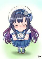Rule 34 | 1girl, akashieru, artist logo, black hair, blue sailor collar, blue skirt, closed eyes, commentary request, frilled skirt, frills, from above, gloves, gradient hair, hat, highres, incoming kiss, kantai collection, matsuwa (kancolle), multicolored hair, one-hour drawing challenge, own hands clasped, own hands together, puffy short sleeves, puffy sleeves, purple hair, sailor collar, sailor hat, school uniform, serafuku, short sleeves, skirt, solo, trembling, white gloves, white hat