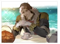 Rule 34 | &gt;:), 1boy, 5altybitter5, basket, beach, black coat, border, brown collar, brown hair, coat, collar, commentary request, cookie, cup, day, earrings, elbow rest, elbows on table, emet-selch, epaulettes, final fantasy, final fantasy xiv, food, fringe trim, fur-trimmed coat, fur trim, garlean, gloves, horizon, interlocked fingers, jewelry, korean commentary, lens flare, long sleeves, looking at viewer, male focus, multicolored hair, ocean, outdoors, own hands together, parted bangs, saucer, short hair, sitting, smile, solo, sparkle, table, tea set, teacup, teapot, third eye, two-tone hair, upper body, v-shaped eyebrows, water, white border, white gloves, white hair, yellow eyes