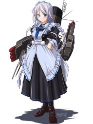 Rule 34 | 10s, 1girl, adapted costume, alternate costume, apron, black thighhighs, blue eyes, blue neckerchief, braid, cannon, dress, enmaided, hair tie, kantai collection, long hair, machinery, maid, maid apron, maid headdress, neckerchief, silver hair, single braid, smokestack, solo, tatsumi ray, thighhighs, torpedo, turret, umikaze (kancolle), very long hair, wrist cuffs