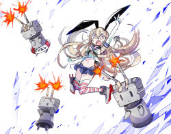 Rule 34 | 10s, 1girl, anchor, black panties, blonde hair, boots, elbow gloves, firing, gloves, grey footwear, hair ornament, jumping, kantai collection, long hair, panties, personification, rensouhou-chan, shimakaze (kancolle), skirt, striped clothes, striped thighhighs, terada tera, thighhighs, underwear, white gloves