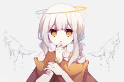 Rule 34 | 1girl, angel, asymmetrical bangs, bandaid, bandaid on arm, bandaid on hand, bare shoulders, halo, hand on own chin, highres, holding own wrist, kitsunemiyoru, liquid halo, liquid wings, looking away, low twintails, melting halo, off-shoulder shirt, off shoulder, orange eyes, original, parted lips, shirt, solo, twintails, white hair, wings