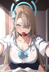 Rule 34 | 1boy, 1girl, absurdres, asuna (blue archive), black choker, black skirt, blue archive, blue eyes, blue ribbon, blush, breasts, choker, cleavage, collared shirt, condom, condom in mouth, condom wrapper, dori (choejeongmin7), girl on top, grin, hair over one eye, hair ribbon, highres, indoors, large breasts, light brown hair, long hair, mole, mole on breast, mouth hold, pleated skirt, ribbon, shirt, short sleeves, skirt, smile, white shirt