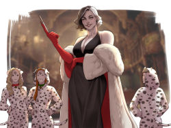 Rule 34 | 101 dalmatians, 4girls, absurdres, alcina dimitrescu, animal collar, animal costume, annasassiart, bela dimitrescu, black dress, breasts, cassandra dimitrescu, coat, collar, cosplay, cruella de vil, cruella de vil (cosplay), daniela dimitrescu, dog costume, dress, fur coat, gloves, highres, looking at viewer, mother and daughter, multiple girls, naked coat, pale skin, parody, red gloves, resident evil, resident evil village, size difference, smile, standing, tall female