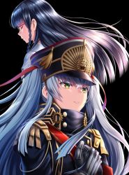 Rule 34 | 2girls, altair (re:creators), black background, black hair, black jacket, braid, closed mouth, commentary request, epaulettes, closed eyes, floating hair, glasses, gloves, green eyes, hand on own chest, hat, jacket, kase daiki, long hair, looking away, metal gloves, military, military hat, military uniform, multicolored eyes, multiple girls, official art, parted lips, re:creators, red eyes, shako cap, shimazaki setsuna, silver hair, simple background, two side up, uniform, upper body, very long hair