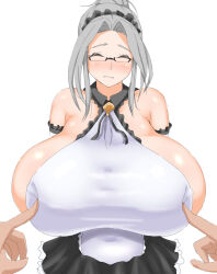 Rule 34 | 1girl, blush, breast poke, breasts, closed eyes, facing viewer, glasses, grey hair, highres, huge breasts, labiata (last origin), last origin, long hair, maid, navel, poking, pov, pov hands, solo focus, todoshiroh, white background