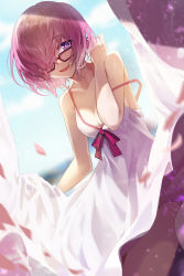 Rule 34 | 1girl, bare shoulders, breasts, cleavage, dress, fate/grand order, fate (series), glasses, goomrrat, hair over one eye, highres, looking at viewer, mash kyrielight, mash kyrielight (swimsuit of perpetual summer), medium breasts, off-shoulder dress, off shoulder, official alternate costume, open mouth, petals, pink hair, purple eyes, red-framed eyewear, short hair, sleeveless, sleeveless dress, smile, solo, teeth, thighs, upper teeth only, white dress