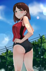 Rule 34 | 1girl, akame (akamiru), ass, bad id, bad pixiv id, blush, brown eyes, brown hair, buruma, cloud, day, from behind, from below, hands on own hips, highres, lens flare, looking back, original, pout, sky, solo, tan, tank top, tanline, track uniform