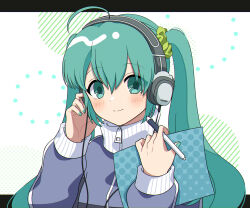 Rule 34 | 1girl, ahoge, blush, cable, green eyes, green hair, hair ornament, hair scrunchie, hand on headphones, hatsune miku, headphones, high collar, highres, holding, holding paper, holding stylus, jacket, looking at viewer, paper, rooibos, scrunchie, smile, solo, stylus, track jacket, twintails, upper body, vocaloid