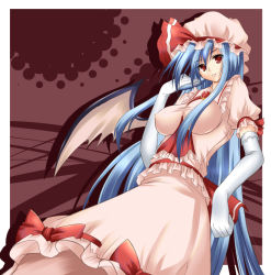 Rule 34 | 1girl, aged up, alternate hairstyle, bat wings, blue hair, breasts, dress, elbow gloves, female focus, gloves, hat, hat ribbon, impossible clothes, impossible shirt, large breasts, long hair, nozomi tsubame, red eyes, remilia scarlet, ribbon, shirt, simple background, smile, solo, touhou, very long hair, wings