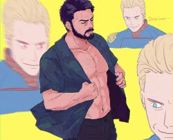 Rule 34 | 2boys, bara, beard, billy butcher, black hair, collage, cowboy shot, facial hair, full beard, glowing, glowing eyes, homelander, large pectorals, looking at pectorals, male focus, masososo, mature male, multiple boys, muscular, muscular male, pectoral cleavage, pectorals, short hair, standing, superhero costume, the boys, thick beard, thick eyebrows, undressing, yaoi