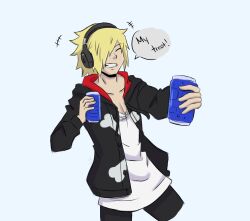 Rule 34 | 1boy, bitou daisukenojou, black hoodie, black pants, blonde hair, can, chain necklace, closed eyes, drink can, eyebrows hidden by hair, grin, hair over one eye, headphones, highres, holding, holding can, hood, hoodie, jewelry, male focus, necklace, pants, shin subarashiki kono sekai, shirt, smile, soda can, solo, solo focus, subarashiki kono sekai, white shirt