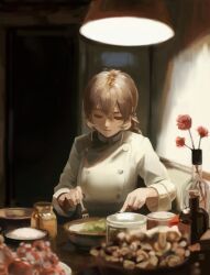 Rule 34 | 1girl, blonde hair, breasts, buttons, chef, closed eyes, closed mouth, commentary, dana (ocana dana), double-breasted, english commentary, flower, food, fork, highres, holding, holding fork, holding knife, indoors, jacket, knife, lamp, large breasts, long hair, long sleeves, nakiri erina, shokugeki no souma, solo, white jacket