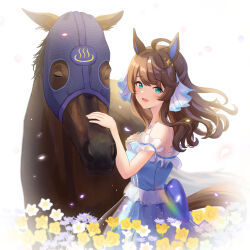 Rule 34 | 1girl, ahoge, alternate costume, animal ears, black hair, blue eyes, blush, commentary request, daring tact (racehorse), daring tact (umamusume), dress, flower, hair ornament, highres, horse ears, horse girl, jewelry, kashmir 0808, long hair, looking at viewer, necklace, simple background, umamusume, white background