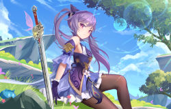 Rule 34 | 1girl, absurdres, bare shoulders, black pantyhose, blue sky, cone hair bun, day, detached sleeves, double bun, dress, genshin impact, gloves, grass, hair bun, hair ornament, highres, jiao cat, keqing (genshin impact), long sleeves, looking at viewer, outdoors, pantyhose, purple eyes, purple hair, sitting, sky, sleeveless, sleeveless dress, slime, solo, sword, tree, twintails, weapon