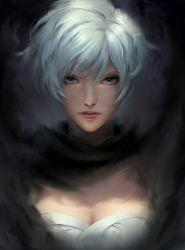 Rule 34 | 1girl, artist name, breasts, chuby mi, cleavage, cloak, closed mouth, dark background, highres, large breasts, lips, looking at viewer, original, portrait, short hair, solo, upper body, watermark, white eyes, white hair