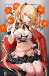Rule 34 | 1girl, bare arms, bare shoulders, black nails, black skirt, blonde hair, breasts, chair, cleavage, closed mouth, crop top, fang, flower, frills, hair ornament, hand up, head tilt, highres, holding, large breasts, lloule, long hair, looking at viewer, midriff, mimikaki, miniskirt, mole, mole under eye, nail polish, navel, necktie, orange flower, original, pink thighhighs, revealing clothes, shirt, short necktie, sidelocks, sitting, skirt, sleeveless, sleeveless shirt, smile, solo, stomach, thighhighs, twintails, two side up, very long hair, white shirt, wrist cuffs, yellow eyes, zettai ryouiki