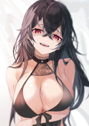 Rule 34 | 1girl, absurdres, bikini, black bikini, black choker, black hair, breasts, choker, collarbone, crossed bangs, hair between eyes, hair over breasts, head tilt, heart, heart-shaped pupils, highres, kooemong, lace, lace trim, large breasts, long hair, looking at viewer, messy hair, naughty face, open mouth, original, portrait, red eyes, simple background, solo, swimsuit, symbol-shaped pupils, teeth, tongue, upper body, white background, wrinkled fabric
