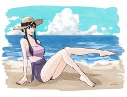Rule 34 | 1girl, absurdres, akdk831, bare shoulders, barefoot, beach, black hair, border, commentary, feet up, hat, highres, long hair, nail polish, ocean, open mouth, pink tube top, purple shorts, red nails, shorts, solo, spy x family, swimsuit, tube top, white border, yor briar
