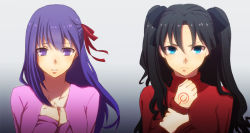Rule 34 | 2girls, afjc, bad id, bad pixiv id, black hair, blue eyes, command spell, fate/stay night, fate (series), hair ribbon, long hair, matou sakura, multiple girls, purple eyes, purple hair, ribbon, siblings, sisters, tohsaka rin, two side up