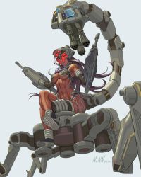Rule 34 | 1girl, arm cannon, boots, breasts, commentary, dark-skinned female, dark skin, detached sleeves, dual wielding, english commentary, full body, gatling gun, grey eyes, head-mounted display, highres, holding, crossed legs, looking at viewer, mecha musume, mechanical tail, medium breasts, multicolored hair, navel, nonneim, open mouth, purple hair, red-tinted eyewear, scorpion tail, shoulder tattoo, silver hair, sitting, solo, stomach, streaked hair, tail, tattoo, tinted eyewear, toned, underboob, visor, war robots, weapon