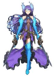 Rule 34 | 1girl, absurdres, blue footwear, blue gloves, blue hair, boots, breasts, brighid (xenoblade), cleavage, collarbone, dress, dual wielding, elbow gloves, closed eyes, floating hair, full body, gloves, highres, holding, holding sword, holding weapon, knife, long hair, medium breasts, multicolored hair, navel, purple dress, purple hair, saitou masatsugu, school uniform, sheath, simple background, sleeveless, sleeveless dress, smile, solo, standing, sword, thigh boots, thighhighs, two-tone hair, very long hair, weapon, white background, xenoblade chronicles (series), xenoblade chronicles 2