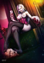 Rule 34 | 1girl, absurdres, blood, blue eyes, breasts, carmilla, castlevania (series), castlevania (netflix), cup, dress, drinking glass, fingernails, grin, guro, highres, lipstick, long hair, looking at viewer, makeup, mobius yang, nail polish, nipples, pale skin, red lips, red nails, sitting, skull, smile, solo, throne, vampire, white hair, wine glass