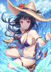 Rule 34 | 1girl, akkijin, arm strap, armpits, bare shoulders, bikini, black choker, black hair, breasts, brown hat, choker, cleavage, cloud, day, floating hair, flower, grin, halterneck, hat, hat flower, highres, long hair, looking at viewer, medium breasts, navel, official art, outdoors, purple eyes, sandals, sarong, shinkai no valkyrie, side-tie bikini bottom, sky, smile, solo, stomach, straw hat, swimsuit, thigh strap, thighs, v-shaped eyebrows, water, watermark, waves