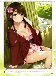 Rule 34 | 1girl, absurdres, artist name, bamboo fence, bare legs, bath yukata, bekotarou, blush, breasts, brown hair, bush, cleavage, closed mouth, collarbone, day, dengeki moeou, dutch angle, eyelashes, fence, floral print, flower, green eyes, hair flower, hair ornament, hand fan, hand up, hanten (clothes), highres, holding, holding fan, japanese clothes, jewelry, kimono, large breasts, light, lips, long hair, looking at viewer, mole, mole under eye, no bra, obi, onsen, open clothes, open kimono, original, outdoors, page number, paper fan, parted bangs, pink kimono, ring, sash, shadow, short kimono, short yukata, sidelocks, sitting, smile, soaking feet, solo, straight hair, thighs, translation request, uchiwa, water, wedding band, wide sleeves, yukata