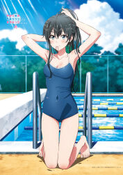 Rule 34 | 1girl, adjusting hair, armpits, arms behind head, bare shoulders, barefoot, black hair, blue eyes, blue one-piece swimsuit, breasts, chain-link fence, cleavage, competition school swimsuit, copyright name, covered navel, day, feet, fence, full body, gluteal fold, hair ribbon, hands up, high ponytail, highres, kneeling, knees together feet apart, long hair, looking at viewer, medium breasts, mouth hold, official art, one-piece swimsuit, outdoors, pool, poolside, ribbon, ribbon in mouth, school swimsuit, sky, solo, sunlight, swimsuit, thigh gap, thighhighs, wet, wet clothes, wet hair, wet swimsuit, yahari ore no seishun lovecome wa machigatteiru., yukinoshita yukino