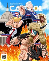 Rule 34 | 1girl, 2021, 3boys, abs, absurdres, american flag, animification, arm tattoo, arms up, artist name, beard, black gloves, black jacket, black suit, blonde hair, blue eyes, blue neckwear, blue sky, blue suit, brown eyes, business suit, chancil, character name, chest hair, chest tattoo, closed mouth, cloud, collared shirt, commentary, cover, dark-skinned female, dark skin, day, donald trump, dress, earrings, english commentary, english text, facebook username, facepaint, facial hair, fake cover, fake horns, fire, formal, gloves, goatee, grin, hairy, hand over face, highres, hoop earrings, horns, instagram username, jacket, jake angeli, jewelry, joe biden, jojo no kimyou na bouken, jojo pose, kamala harris, lipstick, long sleeves, looking at viewer, makeup, multiple boys, mustache, neckerchief, necklace, necktie, one eye closed, outdoors, parody, parted lips, pectorals, pelt, pointing, pointing at viewer, politician, politics, pompadour, qr code, real life, red lips, red neckwear, sanpaku, shirt, shoulder tattoo, sky, smile, smug, star (symbol), stardust crusaders, stud earrings, suit, tattoo, twitter username, united states, united states capitol, white hair, white shirt, wing collar, yellow dress, yellow neckwear