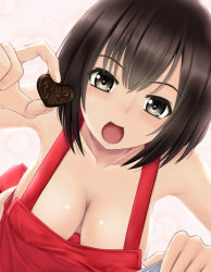 Rule 34 | 1girl, :d, apron, bare shoulders, blush, breasts, brown eyes, brown hair, candy, chocolate, chocolate heart, cleavage, close-up, collarbone, covered erect nipples, downblouse, fingernails, food, hanging breasts, heart, hip focus, holding, holding food, medium breasts, naked apron, nonaka chikin, open mouth, original, pink background, pov, shiny skin, short hair, simple background, smile, solo, tsurime, upper body, valentine