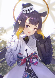 Rule 34 | 1girl, black gloves, blunt bangs, bow, bowtie, gloves, halo, hat, highres, hololive, hololive english, long hair, looking at viewer, mole, mole under eye, ninomae ina&#039;nis, ninomae ina&#039;nis (party dress), pointy ears, purple eyes, purple hair, ranyu, solo, virtual youtuber, white gloves