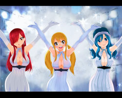 Rule 34 | 3girls, arms up, blonde hair, blue hair, blush, breasts, claudia dragneel, cleavage, dress, earrings, elbow gloves, erza scarlet, fairy tail, female focus, gloves, hair over one eye, jewelry, juvia lockser, large breasts, long hair, lucy heartfilia, multiple girls, open mouth, red hair, smile, twintails