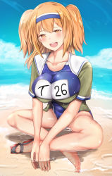 Rule 34 | 10s, 1girl, beach, blush, breasts, commentary request, competition swimsuit, crossed legs, day, hair ornament, hairband, highres, i-26 (kancolle), jacket, kantai collection, large breasts, name tag, ocean, one-piece swimsuit, orange eyes, orange hair, sandals, unworn sandals, school swimsuit, shiny skin, sitting, smile, solo, swimsuit, two-tone hairband, two side up, untue