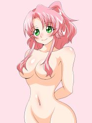 Rule 34 | 1girl, arms behind back, blush, breasts, convenient censoring, eyes visible through hair, green eyes, hair censor, hair over breasts, highres, inabakun00, large breasts, long hair, looking at viewer, navel, nude, original, out-of-frame censoring, pink background, pink hair, ponytail, rio (inaba), simple background, smile, solo, standing