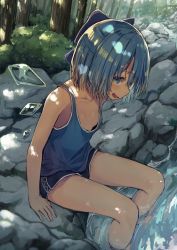 Rule 34 | 1girl, absurdres, alternate costume, black shorts, blouse, blue bow, blue eyes, blue hair, blue shirt, bow, breasts, bush, cirno, contemporary, forest, full body, hair bow, highres, ice, ice wings, looking at viewer, mamemochi, nature, open mouth, outdoors, partially submerged, river, rock, shirt, short hair, shorts, sitting, sleeveless, small breasts, smile, solo, touhou, tree, wings