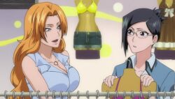 2girls animated anime_screenshot black_hair bleach blonde_hair blue_eyes breasts cleavage glasses highres indoors interior ise_nanao large_breasts long_hair matsumoto_rangiku multiple_girls tagme video