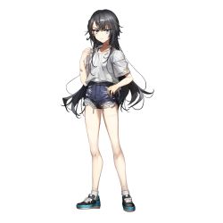 Rule 34 | 1girl, ankle socks, bandaid, bandaid on arm, bare legs, black hair, blue eyes, blue footwear, blush, closed mouth, frown, hand on own hip, hand up, highres, long hair, original, scrape, shirt, shoes, short shorts, shorts, sneakers, socks, solo, standing, t-shirt, torn clothes, torn shorts, very long hair, wata (attaka towel), white background, white shirt, white socks