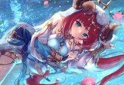 Rule 34 | 1girl, blue dress, blue eyes, blue nails, blunt bangs, detached sleeves, dress, flower, genshin impact, highres, itone 114, long hair, long sleeves, lying, nail polish, nilou (genshin impact), on side, parted lips, pink flower, red hair, solo, thighlet, veil, very long hair, water, white sleeves