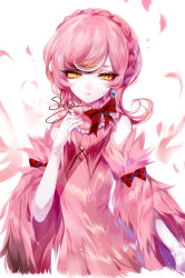 Rule 34 | 1girl, artist name, bare shoulders, bow, braid, crown braid, dress, earrings, feathers, gloves, hair bow, hand up, highres, jewelry, long hair, looking at viewer, original, parted lips, pink dress, pink hair, red bow, sheya, signature, solo, upper body, white gloves, yellow eyes